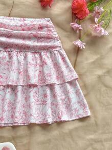 Soleia Spring & Summer Holiday Floral Print High Waisted Layered Ruffles Mini Skirt, Suitable For Backyard Garden, Date, Afternoon Tea, Vacation, Music Festival, Boho - Pink - View 6