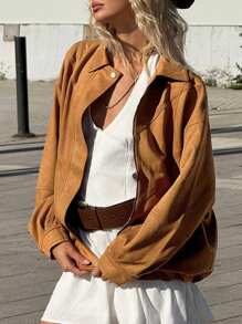 SHEIN ICON Chaqueta de motorista vintage para mujer, abrigo bomber de motocicleta de corte holgado - Marrón - Ver 4