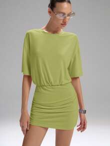 LYSMO 2025 New Arrival Women's Solid Color Round Neck Short Sleeve Fitted Short Mini Dress - Lime Green - View 6