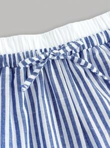 SHEIN Teen Girl Comfortable Simple Loose Contrast Elastic Waist Stripe Printed Wide-Leg Pants Solid White Cami Blue Stripe Cropped Long Sleeve Shirt 3 Pieces Set