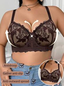 SHEIN 1pc Plus Size Embroidered Support Underwire Bra - Coffee Brown - View 5