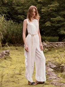 Lumivelle Women's Solid Color Casual Ruffled Hem Jumpsuit - White - View 3