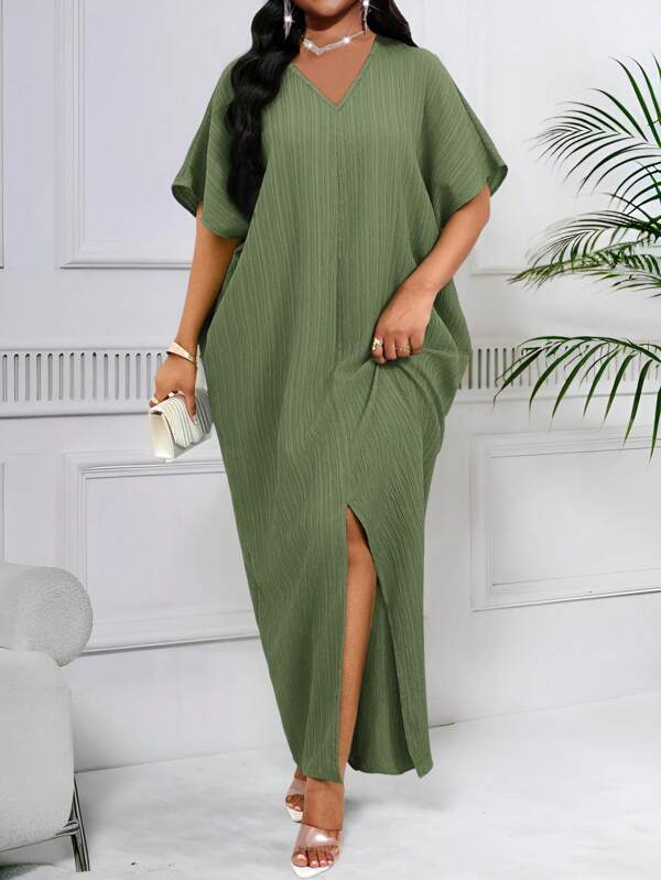 SHEIN Lady Spring And Summer Casual Green Woven Linen Notched Slit Batwing Sleeve Midi Tunic Dress Plus Size Dresses Vacation Outfits Woman Beach Outfits For Woman Beach Vacation Beach Dress Wedding Guest Dress Women Business Casual Woman Prom Dress