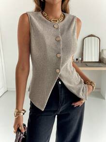 Siren Gaze Áo ba lỗ không tay cài nút thanh lịch giản dị dành cho nữ - Màu be - Xem 5