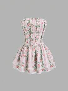 Sweetra Vestido romántico de vacaciones con dobladillo con volantes, estampado floral diminuto y patchwork, para primavera/verano - Multicolor - Ver 1