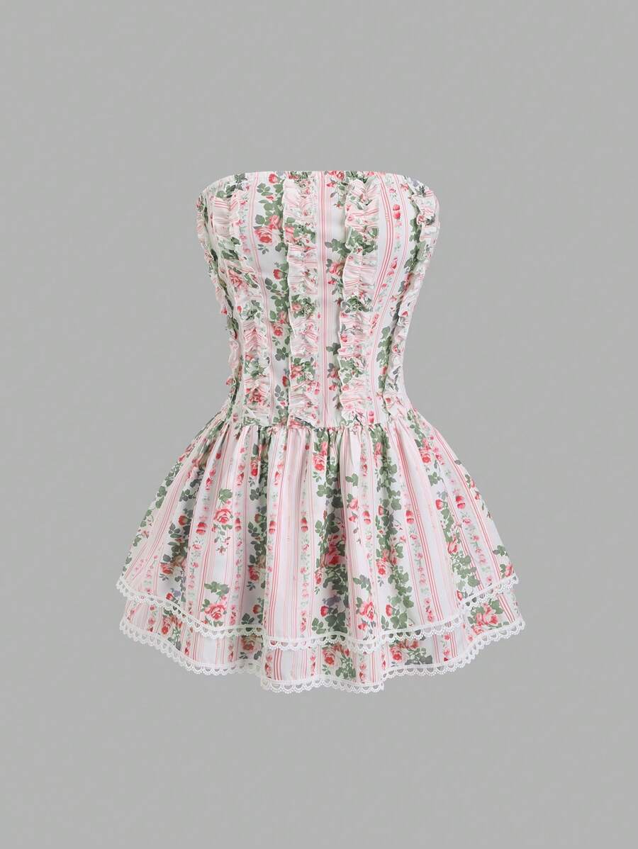 Sweetra Vestido romántico de vacaciones con dobladillo con volantes, estampado floral diminuto y patchwork, para primavera/verano - Multicolor - Ver 1