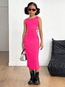 SHEIN Explorewe Tween Girl HYPEME 女童休閒腰部鏤空花朵黑色迷你洋裝，夏季亮粉色女童洋裝，日常穿搭 - 玫紅色 - 查看 5