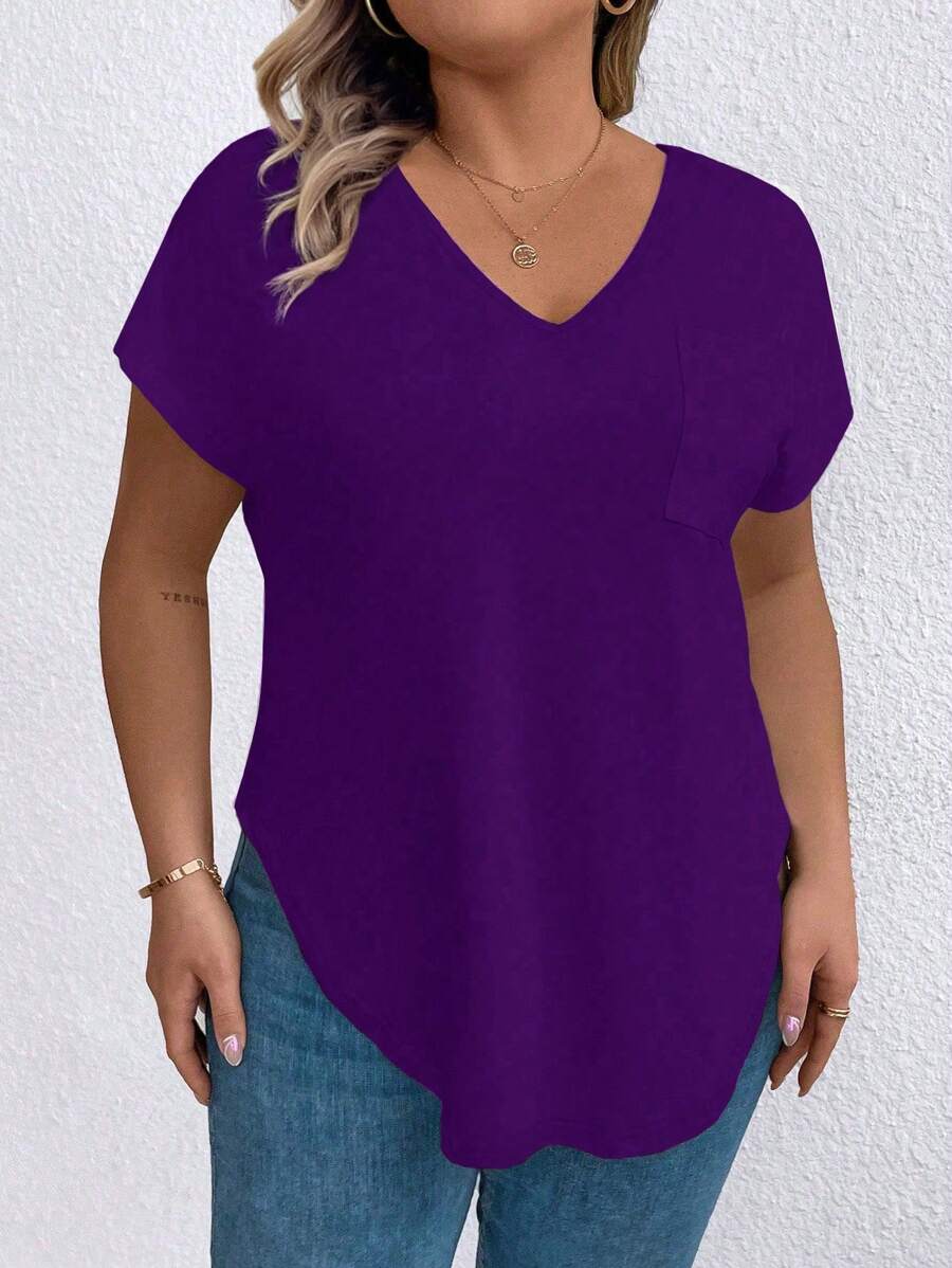 Plus Size Solid Color V-Neck Batwing Sleeve T-Shirt - Purple - View 1