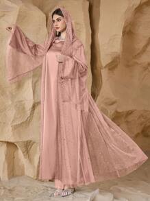 Al Najma Bộ đồ phối lưới sequin thanh lịch kiểu mới cho nữ kèm áo khoác dài tay và váy - Bụi hồng - Xem 6