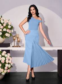 Modelyn 女式不对称肩部褶皱拼接优雅浪漫连衣裙，春夏 - 霧霾藍 - 查看 4