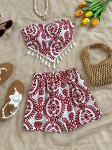 Soleia 2pcs/Set Women Retro Printed Bandeau Top And Shorts - Red and White - View 5