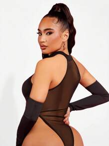 SHEIN SXY Mesh Insert Mock Neck Bodysuit With Sleeves - Black - View 3