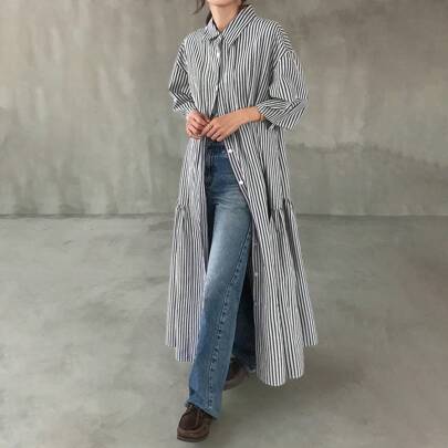 여성용 스트라이프 반팔 루즈핏 플레어 밑단 플리츠 롱 드레스