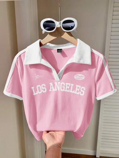 Comfortcana 女式复古撞色印花 Polo 领修身 T 恤