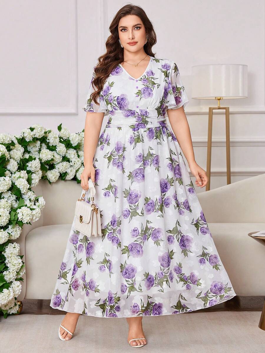 Modelyn Plus Size Women Chiffon Floral Jacquard Ruffle Hem Short Sleeve Elegant Dress - Multicolor - View 1