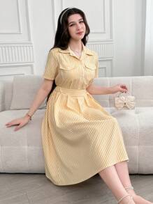 SHEIN Conjunto de 2 piezas para adolescentes: Blusa de rayas amarillas de manga corta y falda midi plisada de cintura alta, look elegante y vintage para uso casual y laboral - Amarillo - Ver 7