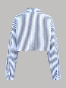 SHEIN Teen Girl Comfortable Simple Loose Contrast Elastic Waist Stripe Printed Wide-Leg Pants Solid White Cami Blue Stripe Cropped Long Sleeve Shirt 3 Pieces Set