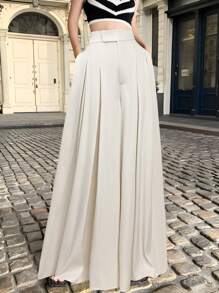 SHEIN EZwear 大码女式褶皱阔腿裤，休闲纯色，春夏 - 杏色 - 查看 1