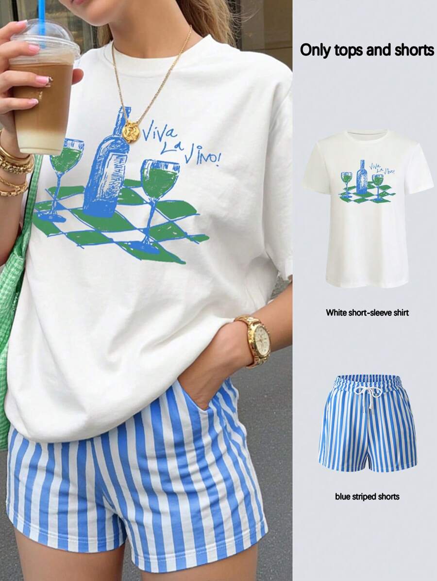 INAWLY 2pcs/Set Women Casual Short Sleeve Top And Striped Drawstring Shorts Outfit - Multicolor - View 1