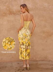 SHEIN Clasi Women's Sleeveless Floral Embroidered Casual Mid-Length Dress,Pale Yellow Summer Elegant Holiday Beach Outfits,Party Graduation Sequin Vacation Dress - Multicolor - View 2