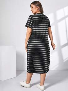 SHEIN Essnce Plus Size Women's Spring And Summer Fashion Casual Loose Comfortable Basic Daily Slim Split Black Striped Short-Sleeved Mid-Length Dress,Airport Outfit,Old Money Style,Teacher Clothes,Church Dresses For Women,Summer Outfits For Women,Curve Dress - Black and White - View 2