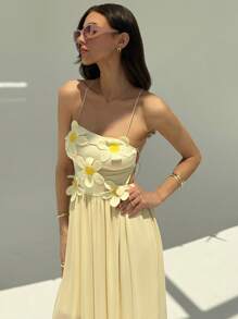 Aloruh Nuevo vestido largo bohemio de estilo vacacional de playa con espalda abierta, tirantes finos, recortes y detalles de ganchillo floral y malla - Azul - Ver 2