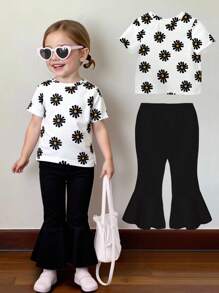 Bộ đồ mùa hè 2 món áo thun cổ tròn tay ngắn in họa tiết hoa cổ điển cho bé gái và quần ống loe dệt kim màu đen - Nhiều màu - Xem 3