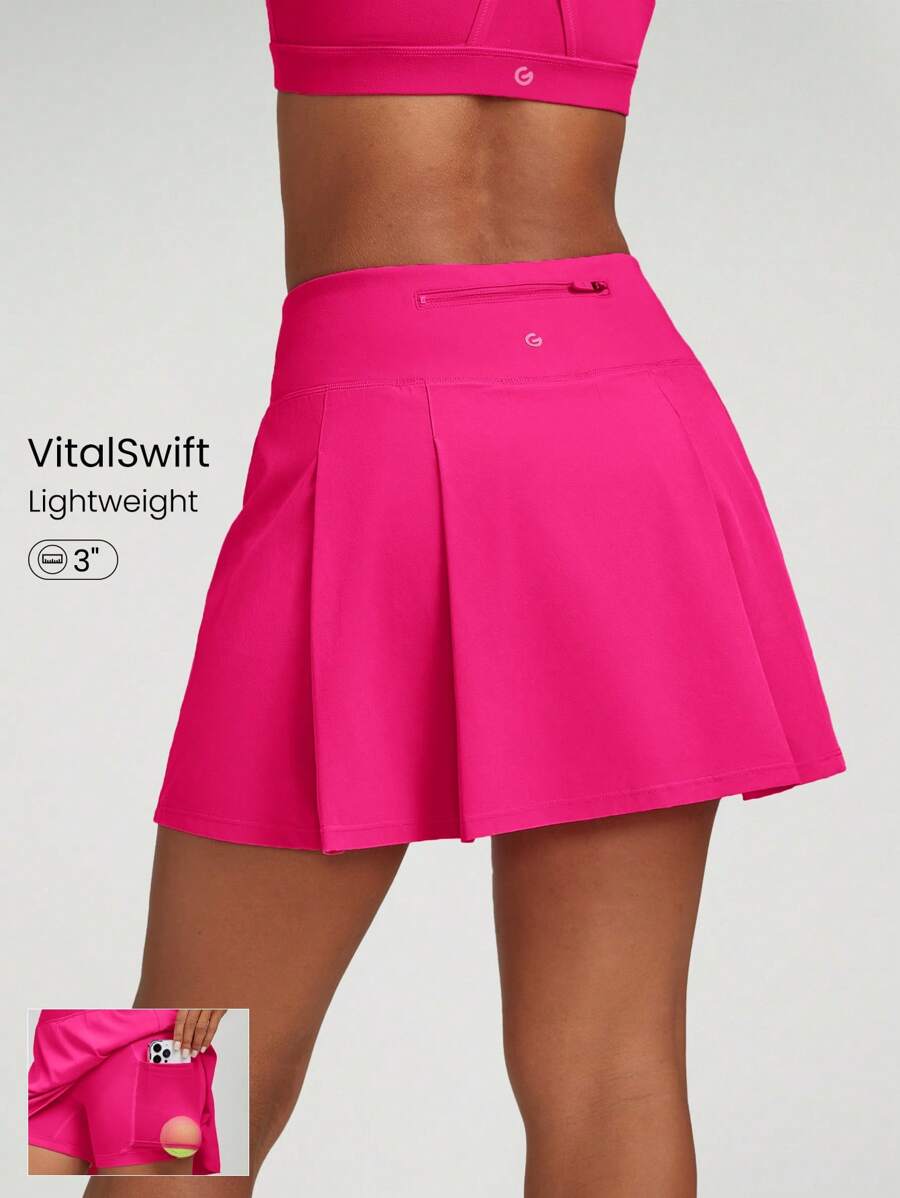 GLOWMODE VitalSwift Quick-Dry Pocket Drawstring Pleated Mini Skirt With Built-In Shorts Light Support Tennis Golf Gym Summer Quick Dry Moisture Wicking - Tropical Pink - View 1