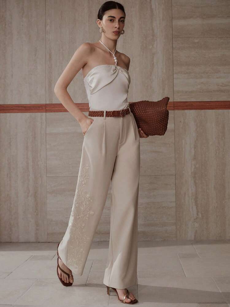 EMBROIDERY FOLD PLEATED SUIT PANTS