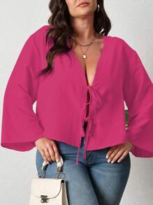 INAWLY 大码女式纯色长袖前系带宽松休闲衬衫，春夏女式衬衫 - 玫紅色 - 查看 6