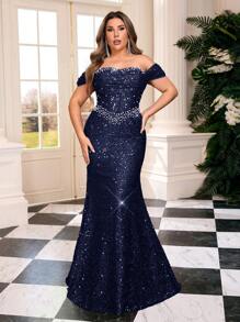 Glamrae Falda de sirena con pliegues, con cuentas de perlas, lentejuelas y elástica, de lujo y elegante, en tallas grandes, adecuada para bodas, fiestas, bailes de gala y vestidos de gala (muy recargada) - Azul Marino - Ver 7