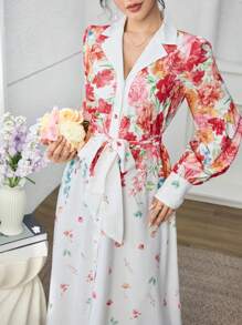SHEIN Najma Elegant Placement Floral V-Neck Button Up Young Fashion Women Dress - Multicolor - View 4