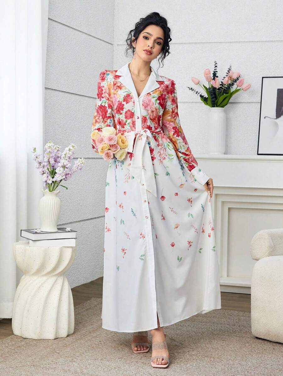 SHEIN Najma Elegant Placement Floral V-Neck Button Up Young Fashion Women Dress - Multicolor - View 1