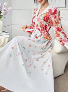 SHEIN Najma Elegant Placement Floral V-Neck Button Up Young Fashion Women Dress - Multicolor - View 6