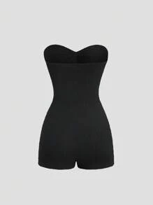 Sweetra 女士新款春夏适合海滩度假露肩黑色纹理面料 3D 花卉装饰前镂空设计修身连体裤 - 黑色 - 查看 2