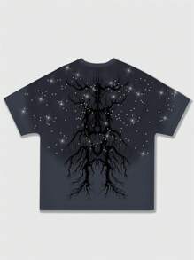 ROMWE MEN Men's Street Life Rhinestone Print Short Sleeve T-Shirt, Rave - Dark Grey - View 2