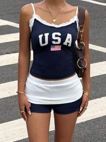 SHEIN Muchic 七月四日女式拼色蕾丝拼接美国国旗印花吊带背心上衣和短裤紧身运动服套装美国背心女式背心和短裤套装 2 件套短款套装女士美国运动套装 - 寶藍色 - 查看 2
