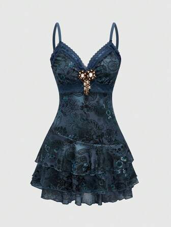 Hippie Women's Retro Bohemian Ruffle Ribbon Lace Paisley Print Mini Dress