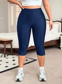 SHEIN EZwear 海军蓝加大码柔软功能性七分紧身裤，夏季必备 - 藏蓝色 - 查看 4