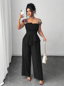 Elenzga Plus Size Women 2pcs Set, Asymmetric Mesh Embroidered Blouse & Wide Leg Pants - Black - View 5