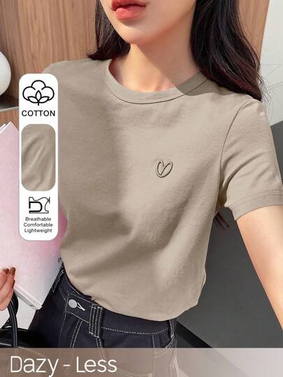 DAZY T-shirt femme brodé cœur et lettre, ample et décontracté d'été