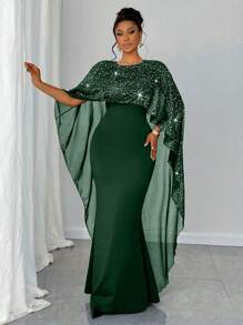 Maweii 大码优雅女式网眼亮片拼接圆领修身休闲连衣裙 - 綠色 - 查看 1