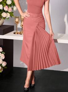 Modelyn Elegant Romantic Asymmetrical Shoulder Pleat Patchwork Dress For Women, Spring/Summer - Dusty Pink - View 5