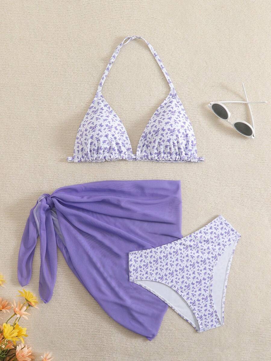 SHEIN Leap Crew 少女 3 件套度假紫色和白色碎花泳衣套装:泳衣、系腰比基尼上衣和裙子 - 紫色 - 查看 1
