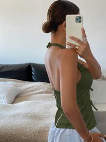 Livesso 女款寬鬆U領蝴蝶結前襟掛脖上衣，短版外出上衣掛脖上衣 - 軍綠色 - 查看 5