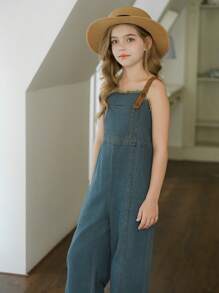 Wildeya Monos para niñas preadolescentes de primavera y verano Wildeya, nuevos estilos. Mono de mezclilla azul medio con borde acampanado, tirantes de contraste y abertura clásica, adecuado para actividades al aire libre, ocasiones diarias, festivales de música, fiestas y talla grande.