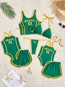 3 pièces Ensemble de bikini sportif pour femmes avec imprimé de lettre anglaise sur base verte et Top à bretelles fines