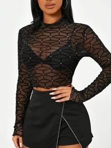 SHEIN SXY Mock Neck Glitter Dot Geo Mesh Top Without Bra