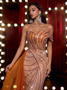 Glamrae Váy đuôi cá lưới thiết kế cổ đính ngọc trai và sequin sang trọng thanh lịch với bèo nhún xếp tầng bên hông, thích hợp cho tiệc cưới, tiệc tùng, vũ hội, tiệc trang trọng (kiểu dáng nặng nề) - trái cam - Xem 2