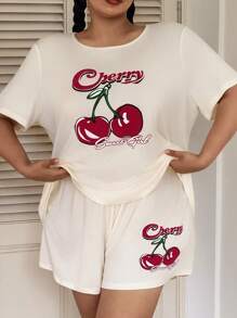 Slumberry CURVE Plus Size Cherry Print Casual Short Sleeve Shorts Pajama Set - Yellow - View 4